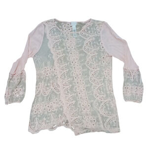 Chico's Pink Sheer Lace Eyelet Blouse size L 801793